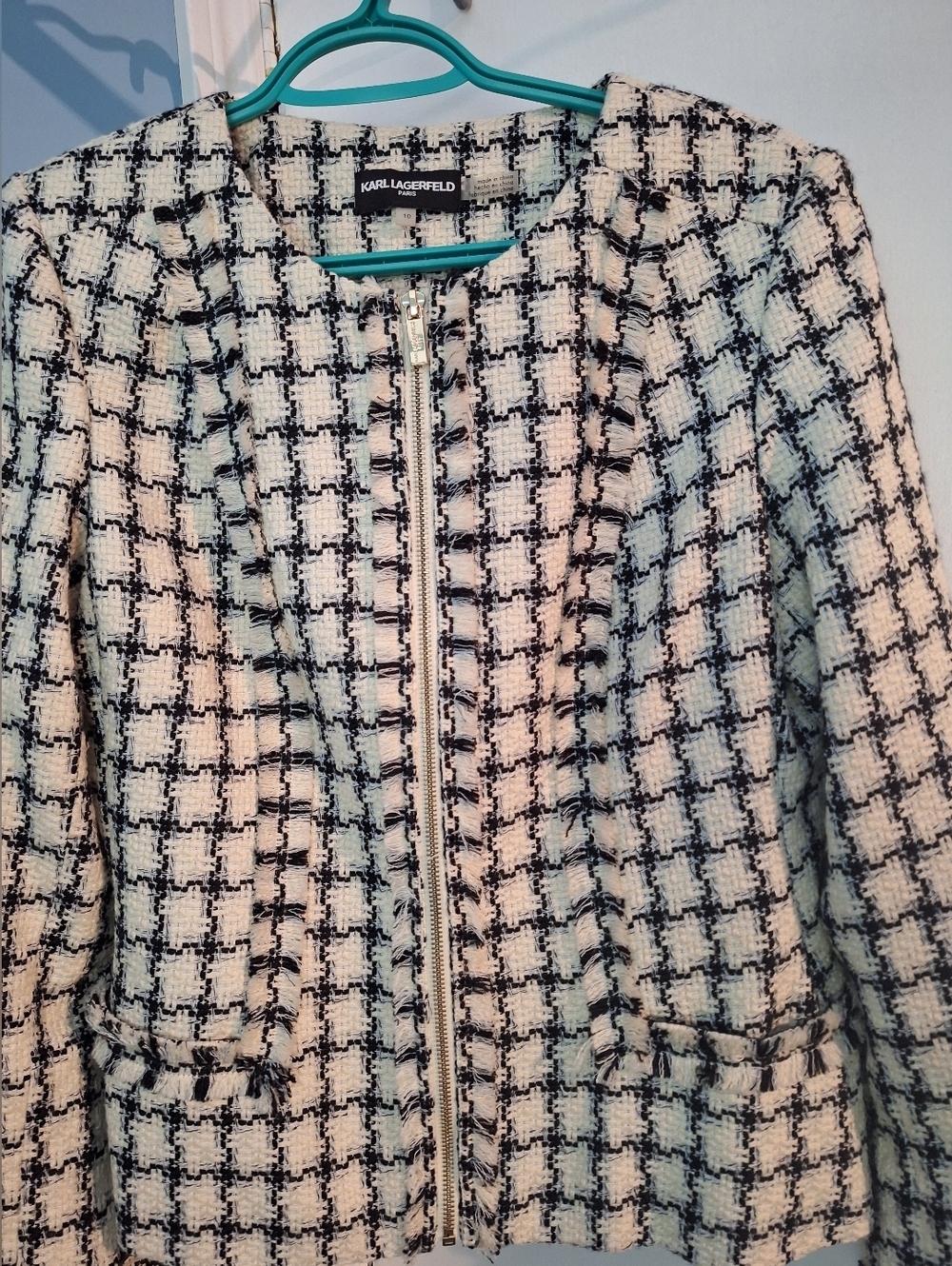 Karl Lagerfeld Paris Black White Plaid Tweed Zip Womens Jacket Size 10 - Picture 4 of 9